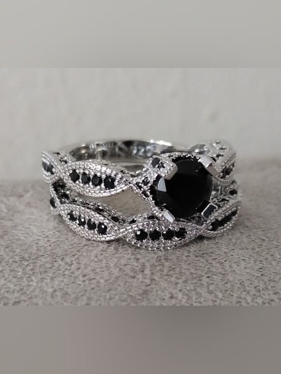 Estate Jewelry - 10k White Gold Over Silver 2 PC Onyx Solitaire W/Accents Eternity Ring Set Sz 10